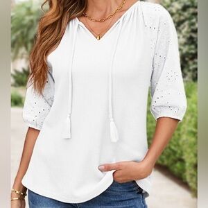 White Waffle Top with 3/4 length Eyelet Sleeves Front Tie w Tassels Size M #J11